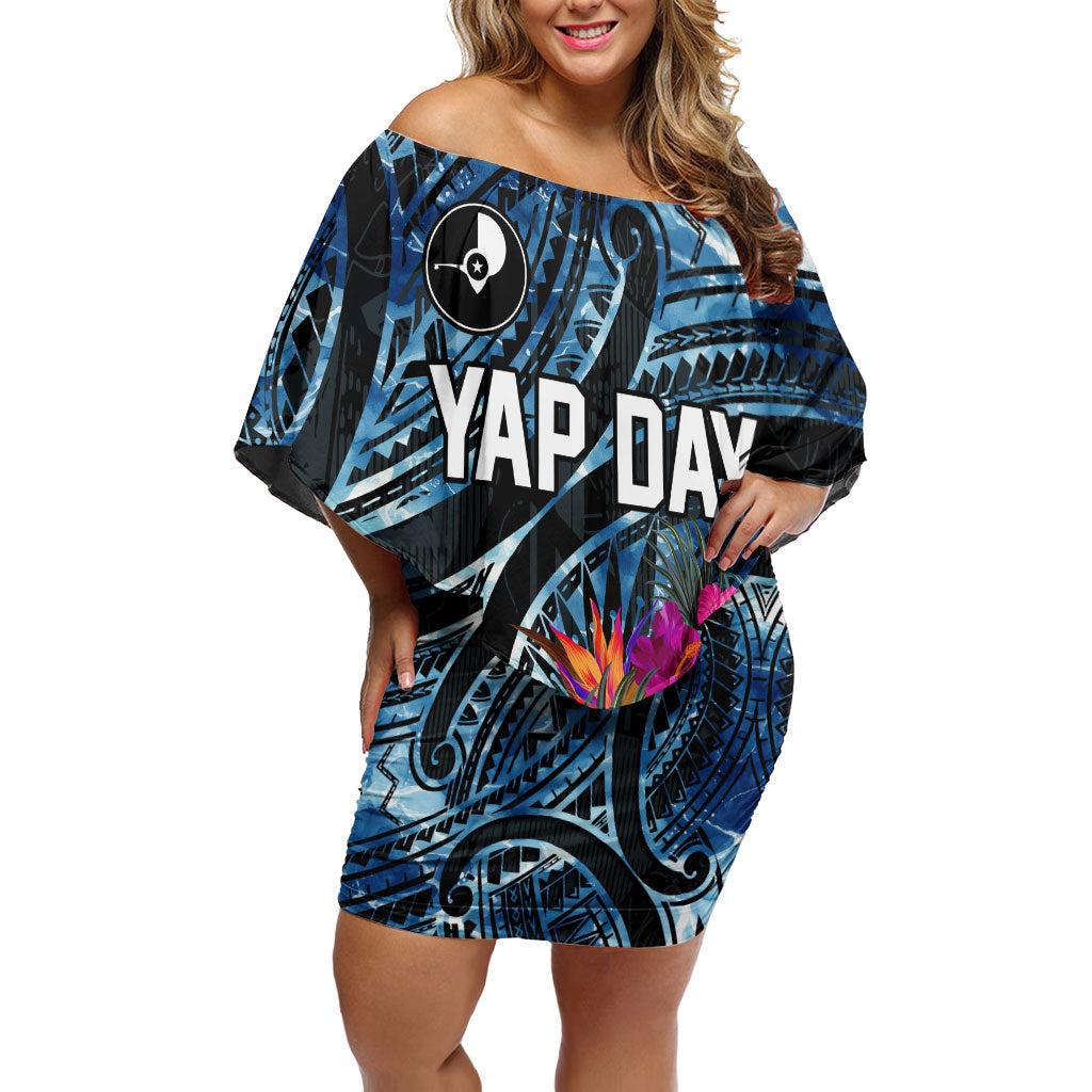 Yap Day Island Floral Tribal Heritage Family Matching Off Shoulder Short Dress and Hawaiian Shirt Micronesian Hibiscus Pattern Polynesian Tattoo Blue Art