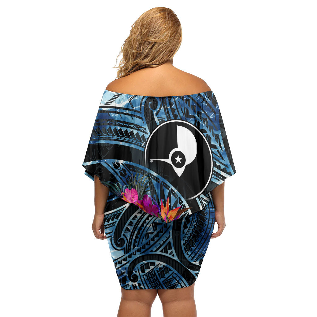 Yap Day Island Floral Tribal Heritage Family Matching Off Shoulder Short Dress and Hawaiian Shirt Micronesian Hibiscus Pattern Polynesian Tattoo Blue Art