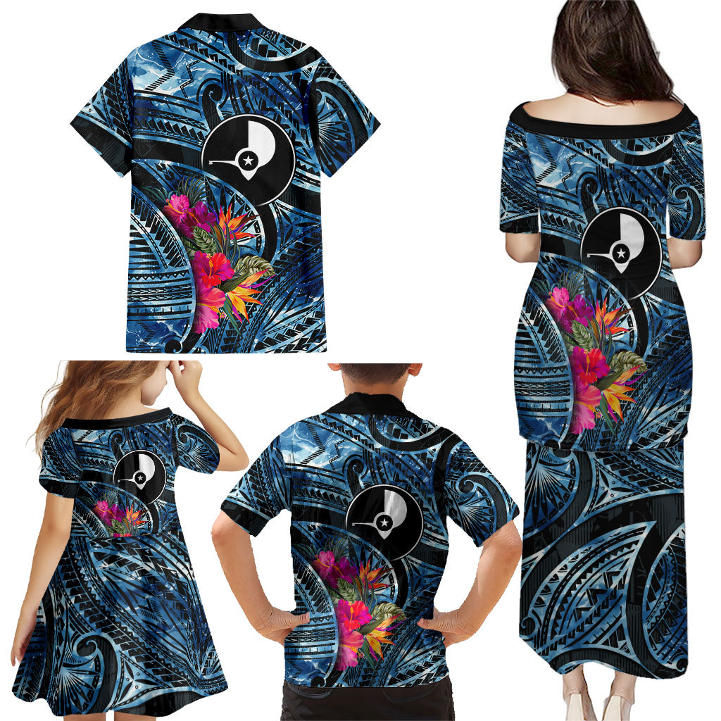 Yap Day Island Floral Tribal Heritage Family Matching Puletasi and Hawaiian Shirt Micronesian Hibiscus Pattern Polynesian Tattoo Blue Art