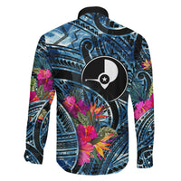 Yap Day Island Floral Tribal Heritage Family Matching Puletasi and Hawaiian Shirt Micronesian Hibiscus Pattern Polynesian Tattoo Blue Art