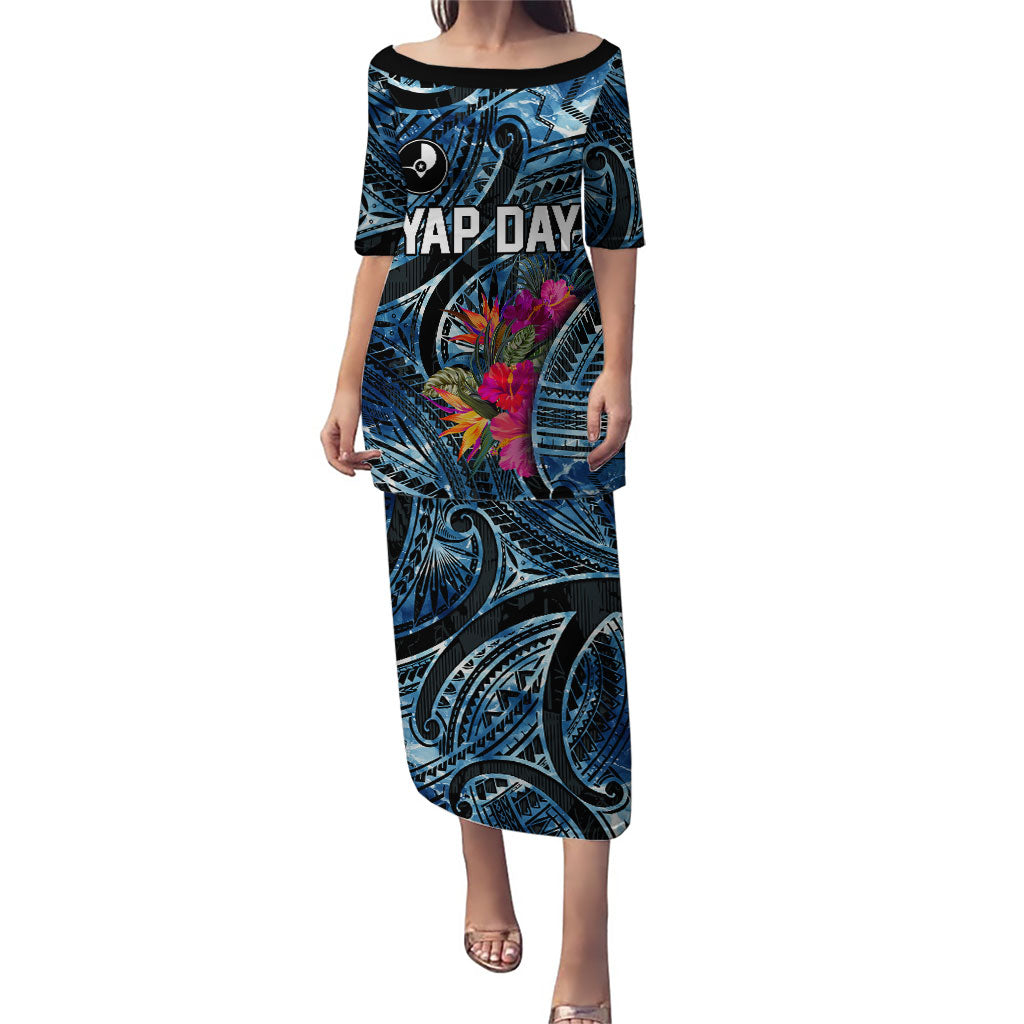 Yap Day Island Floral Tribal Heritage Family Matching Puletasi and Hawaiian Shirt Micronesian Hibiscus Pattern Polynesian Tattoo Blue Art