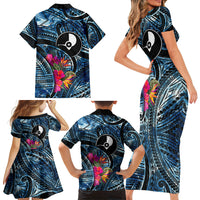 Yap Day Island Floral Tribal Heritage Family Matching Short Sleeve Bodycon Dress and Hawaiian Shirt Micronesian Hibiscus Pattern Polynesian Tattoo Blue Art