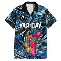 Yap Day Island Floral Tribal Heritage Family Matching Short Sleeve Bodycon Dress and Hawaiian Shirt Micronesian Hibiscus Pattern Polynesian Tattoo Blue Art