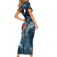 Yap Day Island Floral Tribal Heritage Family Matching Short Sleeve Bodycon Dress and Hawaiian Shirt Micronesian Hibiscus Pattern Polynesian Tattoo Blue Art
