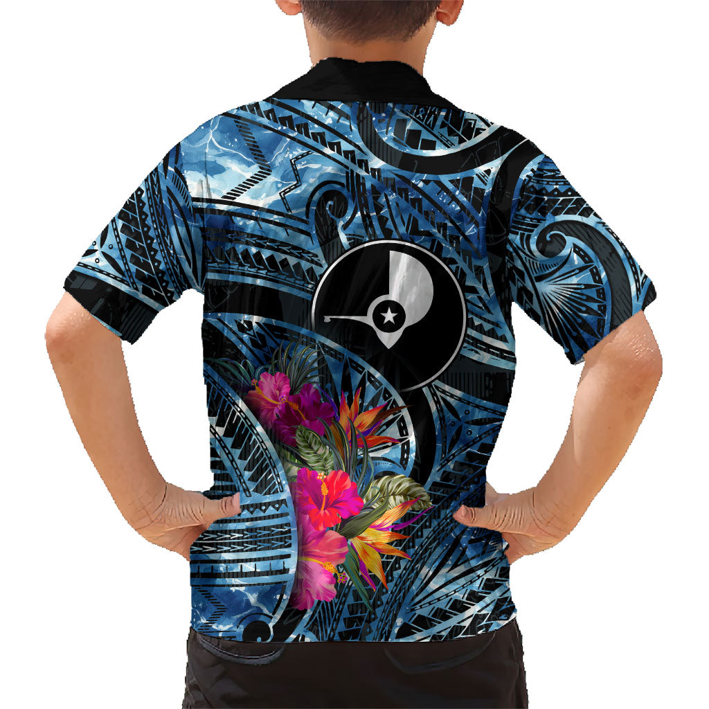 Yap Day Island Floral Tribal Heritage Family Matching Summer Maxi Dress and Hawaiian Shirt Micronesian Hibiscus Pattern Polynesian Tattoo Blue Art