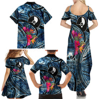 Yap Day Island Floral Tribal Heritage Family Matching Summer Maxi Dress and Hawaiian Shirt Micronesian Hibiscus Pattern Polynesian Tattoo Blue Art