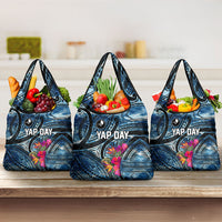 Yap Day Island Floral Tribal Heritage Grocery Bag Micronesian Hibiscus Pattern Polynesian Tattoo Blue Art
