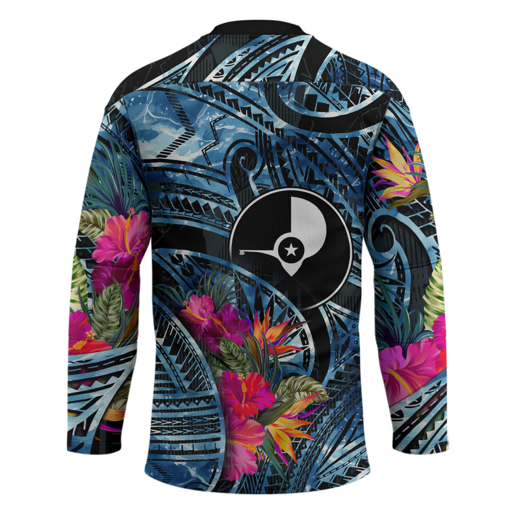 Yap Day Island Floral Tribal Heritage Hockey Jersey Micronesian Hibiscus Pattern Polynesian Tattoo Blue Art