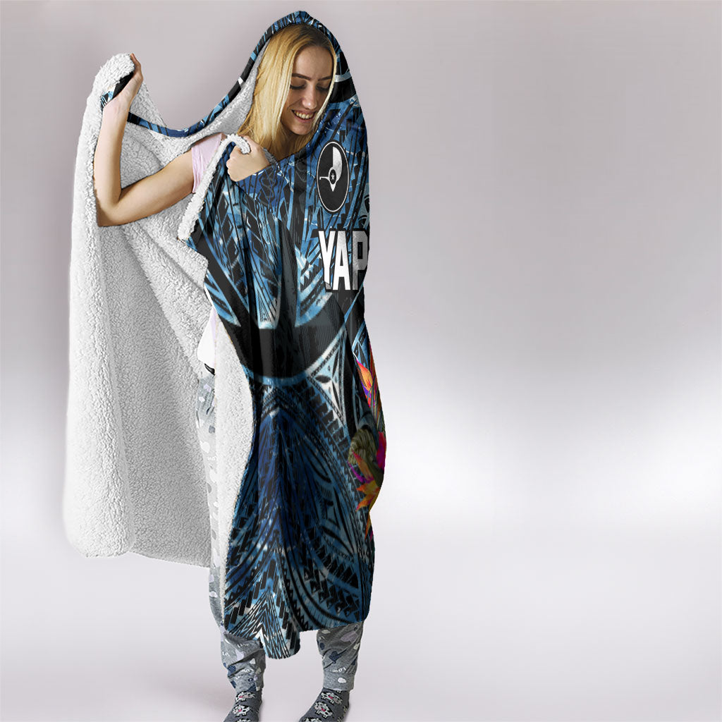 Yap Day Island Floral Tribal Heritage Hooded Blanket Micronesian Hibiscus Pattern Polynesian Tattoo Blue Art