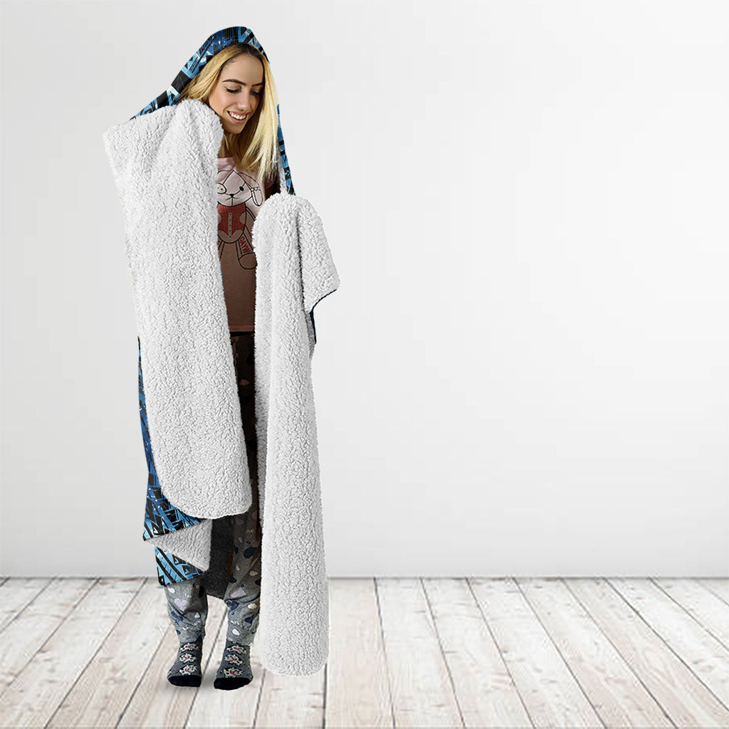 Yap Day Island Floral Tribal Heritage Hooded Blanket Micronesian Hibiscus Pattern Polynesian Tattoo Blue Art