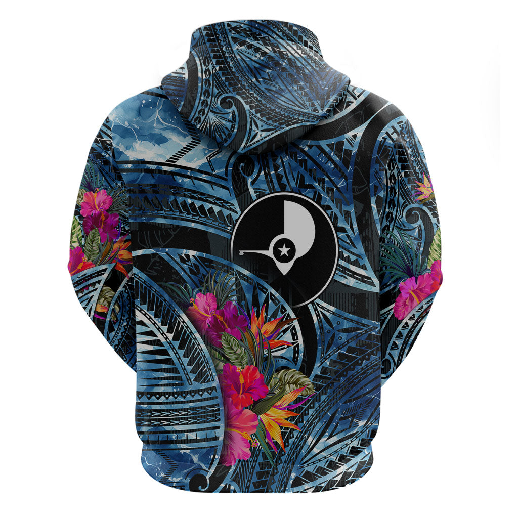 Yap Day Island Floral Tribal Heritage Hoodie Micronesian Hibiscus Pattern Polynesian Tattoo Blue Art