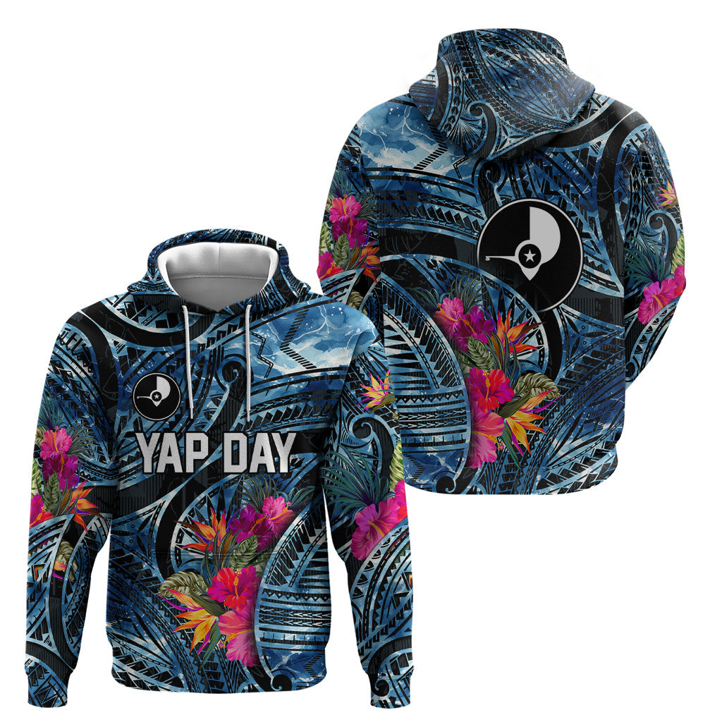 Yap Day Island Floral Tribal Heritage Hoodie Micronesian Hibiscus Pattern Polynesian Tattoo Blue Art