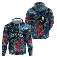 Yap Day Island Floral Tribal Heritage Hoodie Micronesian Hibiscus Pattern Polynesian Tattoo Blue Art