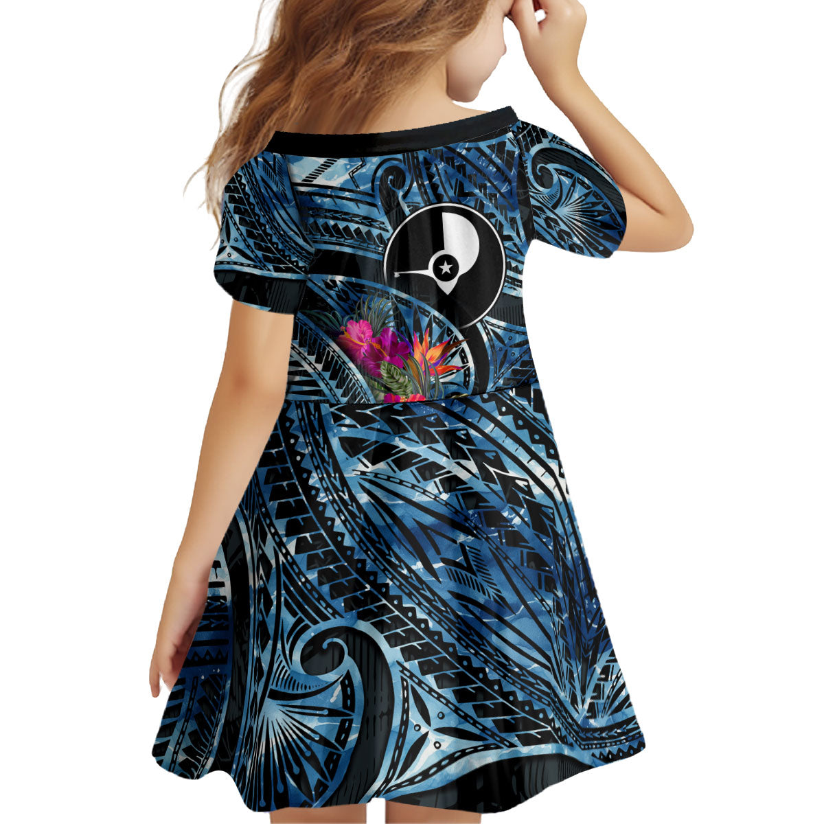 Yap Day Island Floral Tribal Heritage Kid Short Sleeve Dress Micronesian Hibiscus Pattern Polynesian Tattoo Blue Art