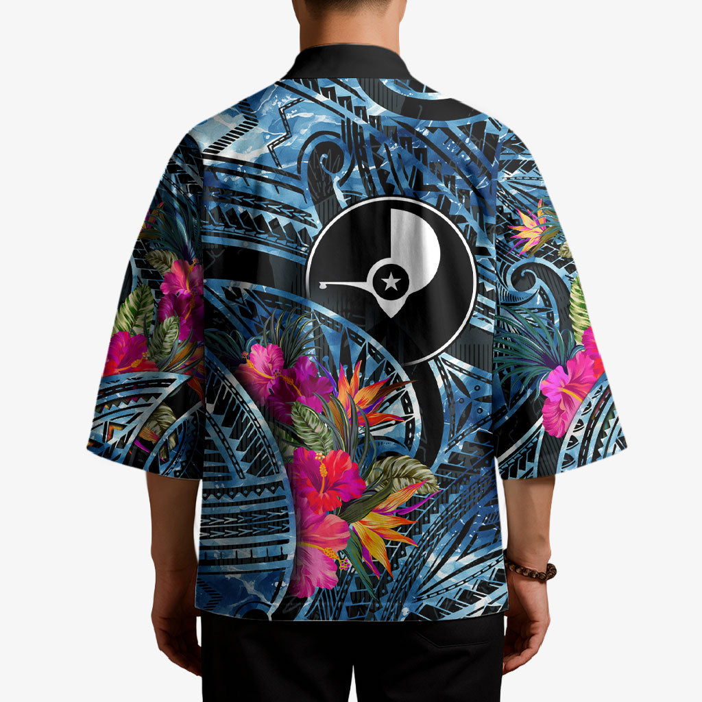 Yap Day Island Floral Tribal Heritage Kimono Micronesian Hibiscus Pattern Polynesian Tattoo Blue Art
