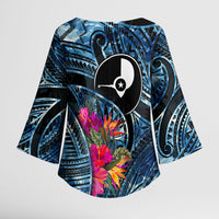 Yap Day Island Floral Tribal Heritage Kimono Sleeve Blouse Micronesian Hibiscus Pattern Polynesian Tattoo Blue Art
