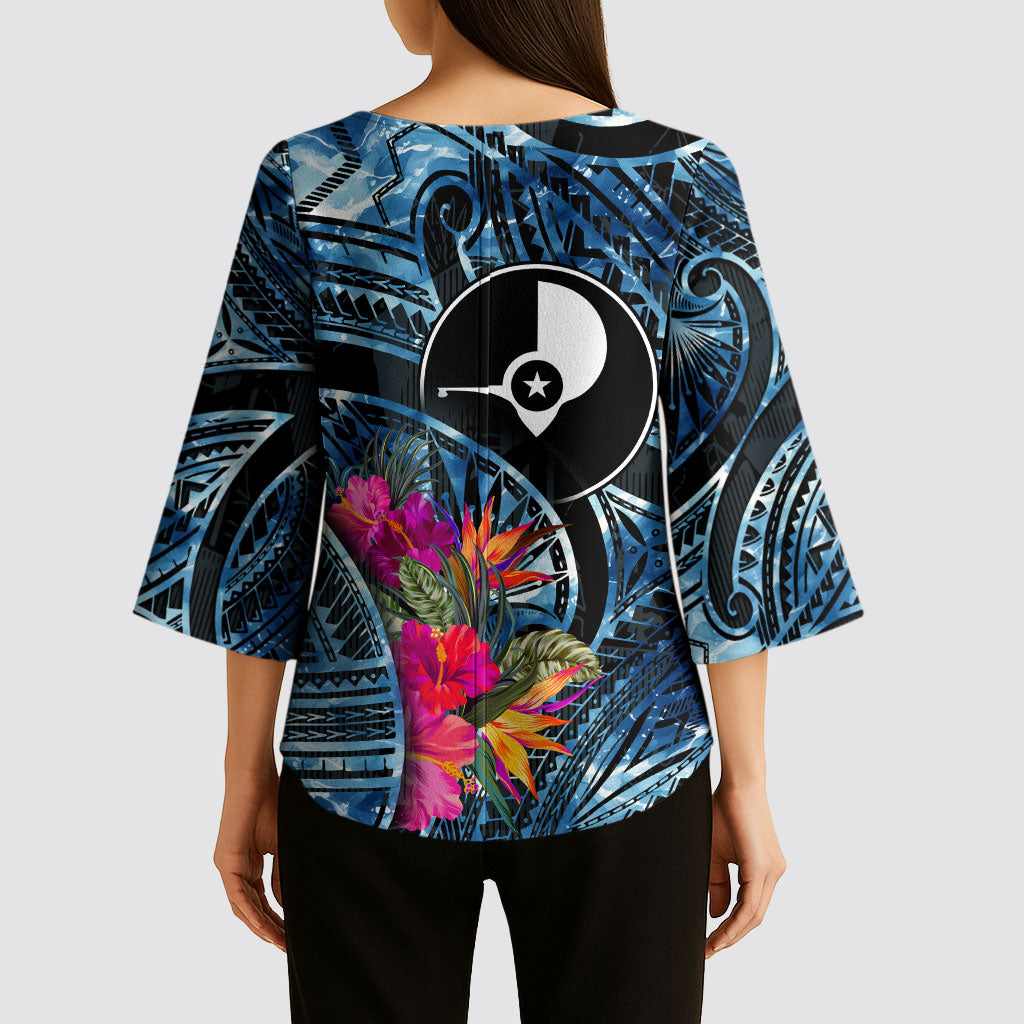 Yap Day Island Floral Tribal Heritage Kimono Sleeve Blouse Micronesian Hibiscus Pattern Polynesian Tattoo Blue Art