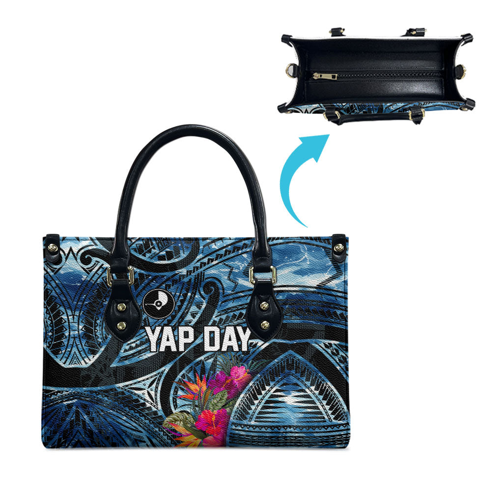 Yap Day Island Floral Tribal Heritage Leather Bag Micronesian Hibiscus Pattern Polynesian Tattoo Blue Art