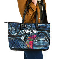 Yap Day Island Floral Tribal Heritage Leather Tote Bag Micronesian Hibiscus Pattern Polynesian Tattoo Blue Art