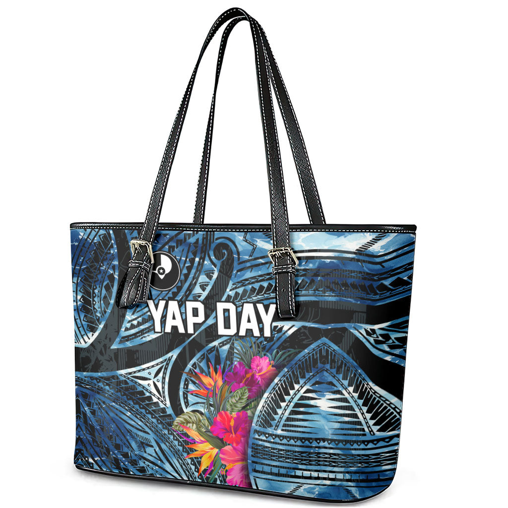 Yap Day Island Floral Tribal Heritage Leather Tote Bag Micronesian Hibiscus Pattern Polynesian Tattoo Blue Art