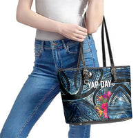 Yap Day Island Floral Tribal Heritage Leather Tote Bag Micronesian Hibiscus Pattern Polynesian Tattoo Blue Art
