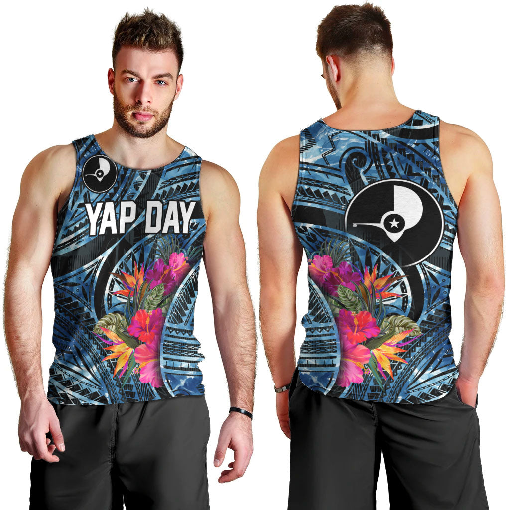 Yap Day Island Floral Tribal Heritage Men Tank Top Micronesian Hibiscus Pattern Polynesian Tattoo Blue Art
