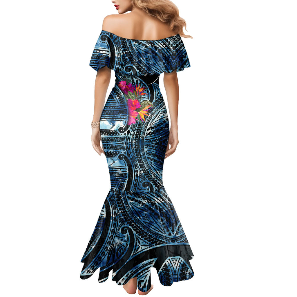 Yap Day Island Floral Tribal Heritage Mermaid Dress Micronesian Hibiscus Pattern Polynesian Tattoo Blue Art