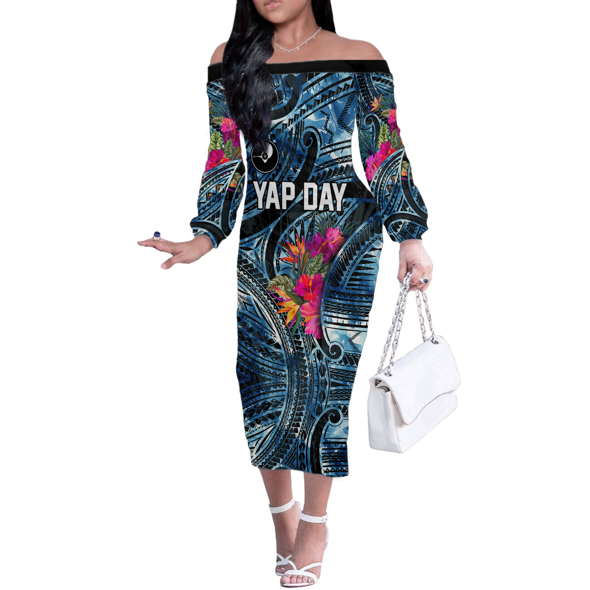 Yap Day Island Floral Tribal Heritage Off The Shoulder Long Sleeve Dress Micronesian Hibiscus Pattern Polynesian Tattoo Blue Art