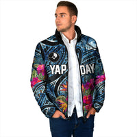 Yap Day Island Floral Tribal Heritage Padded Jacket Micronesian Hibiscus Pattern Polynesian Tattoo Blue Art