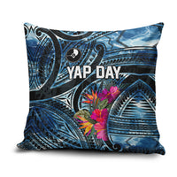 Yap Day Island Floral Tribal Heritage Pillow Cover Micronesian Hibiscus Pattern Polynesian Tattoo Blue Art