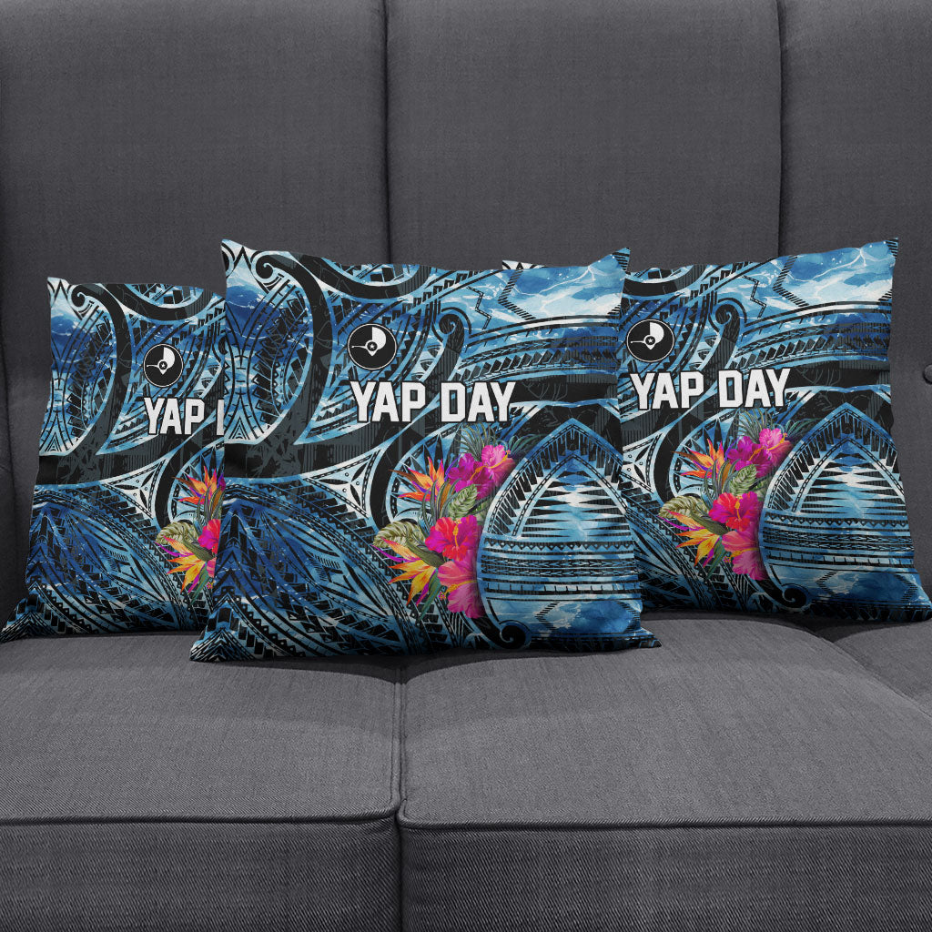 Yap Day Island Floral Tribal Heritage Pillow Cover Micronesian Hibiscus Pattern Polynesian Tattoo Blue Art