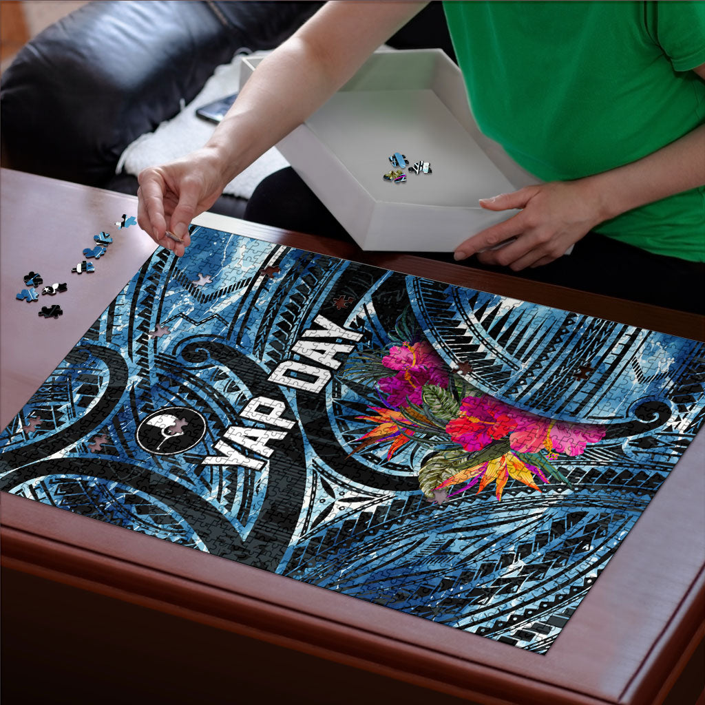 Yap Day Island Floral Tribal Heritage Puzzle Micronesian Hibiscus Pattern Polynesian Tattoo Blue Art