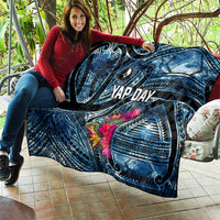 Yap Day Island Floral Tribal Heritage Quilt Micronesian Hibiscus Pattern Polynesian Tattoo Blue Art