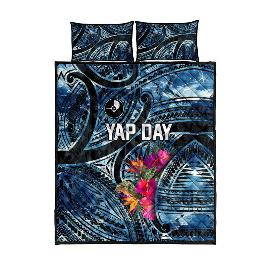 Yap Day Island Floral Tribal Heritage Quilt Bed Set Micronesian Hibiscus Pattern Polynesian Tattoo Blue Art