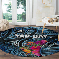 Yap Day Island Floral Tribal Heritage Round Carpet Micronesian Hibiscus Pattern Polynesian Tattoo Blue Art