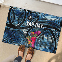 Yap Day Island Floral Tribal Heritage Rubber Doormat Micronesian Hibiscus Pattern Polynesian Tattoo Blue Art