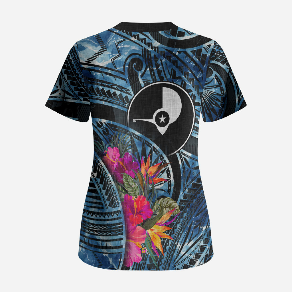 Yap Day Island Floral Tribal Heritage Scrub Top Micronesian Hibiscus Pattern Polynesian Tattoo Blue Art