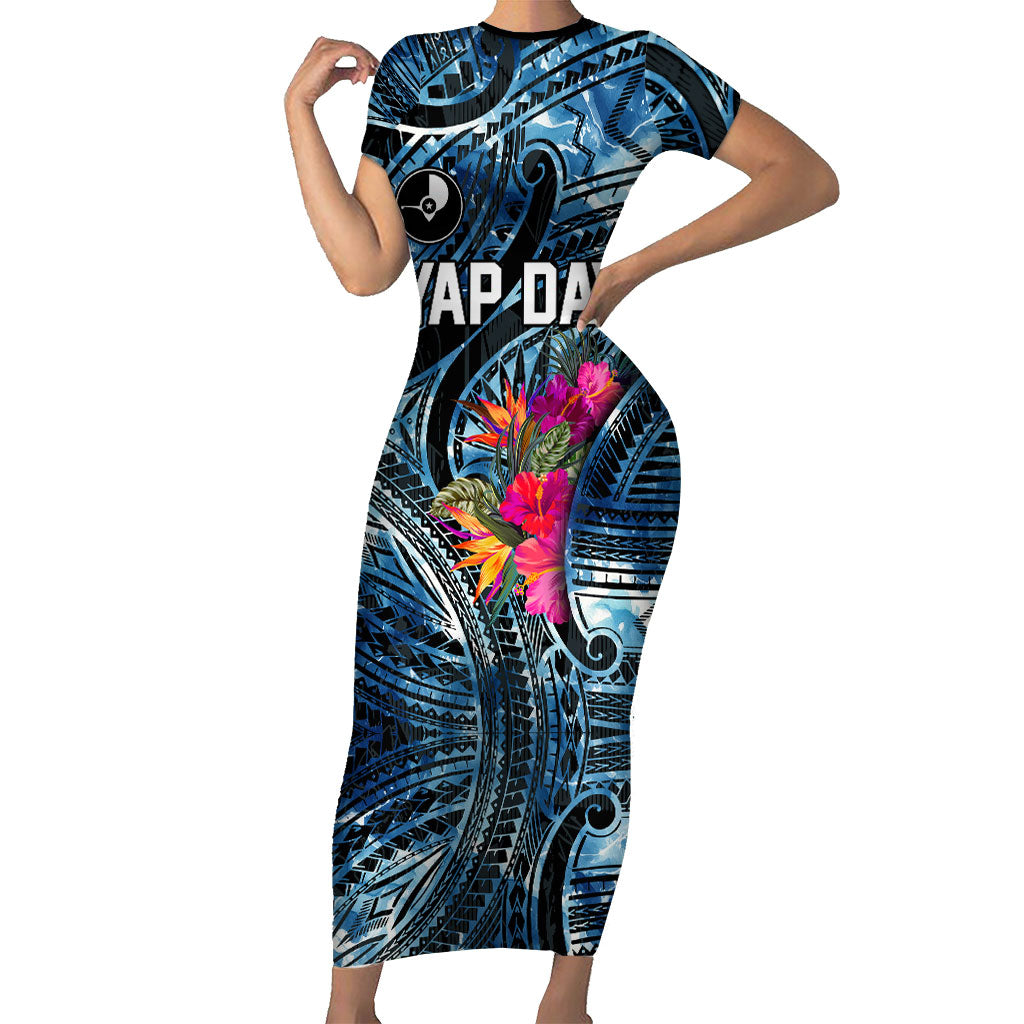 Yap Day Island Floral Tribal Heritage Short Sleeve Bodycon Dress Micronesian Hibiscus Pattern Polynesian Tattoo Blue Art