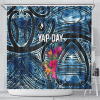 Yap Day Island Floral Tribal Heritage Shower Curtain Micronesian Hibiscus Pattern Polynesian Tattoo Blue Art