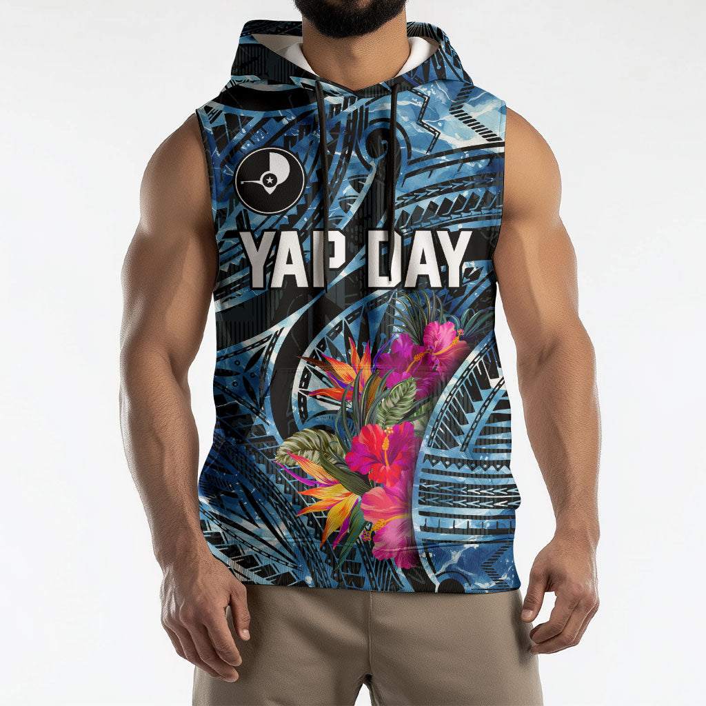 Yap Day Island Floral Tribal Heritage Sleeveless Hoodie Micronesian Hibiscus Pattern Polynesian Tattoo Blue Art