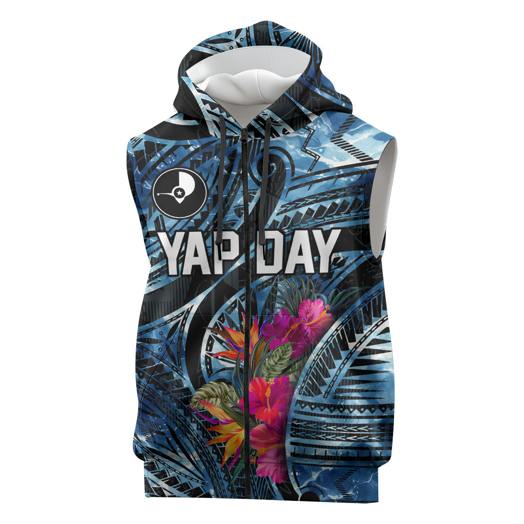 Yap Day Island Floral Tribal Heritage Sleeveless Zip Hoodie Micronesian Hibiscus Pattern Polynesian Tattoo Blue Art