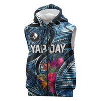 Yap Day Island Floral Tribal Heritage Sleeveless Zip Hoodie Micronesian Hibiscus Pattern Polynesian Tattoo Blue Art