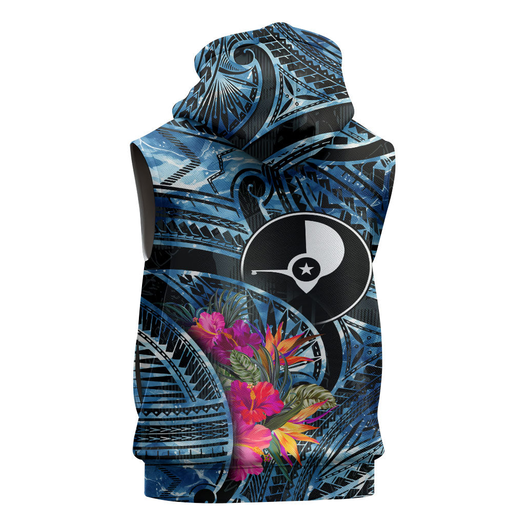 Yap Day Island Floral Tribal Heritage Sleeveless Zip Hoodie Micronesian Hibiscus Pattern Polynesian Tattoo Blue Art