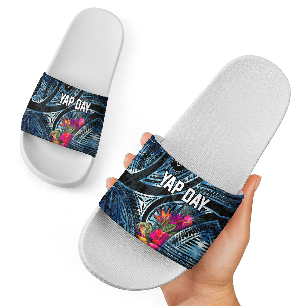 Yap Day Island Floral Tribal Heritage Slide Sandals Micronesian Hibiscus Pattern Polynesian Tattoo Blue Art