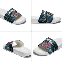 Yap Day Island Floral Tribal Heritage Slide Sandals Micronesian Hibiscus Pattern Polynesian Tattoo Blue Art