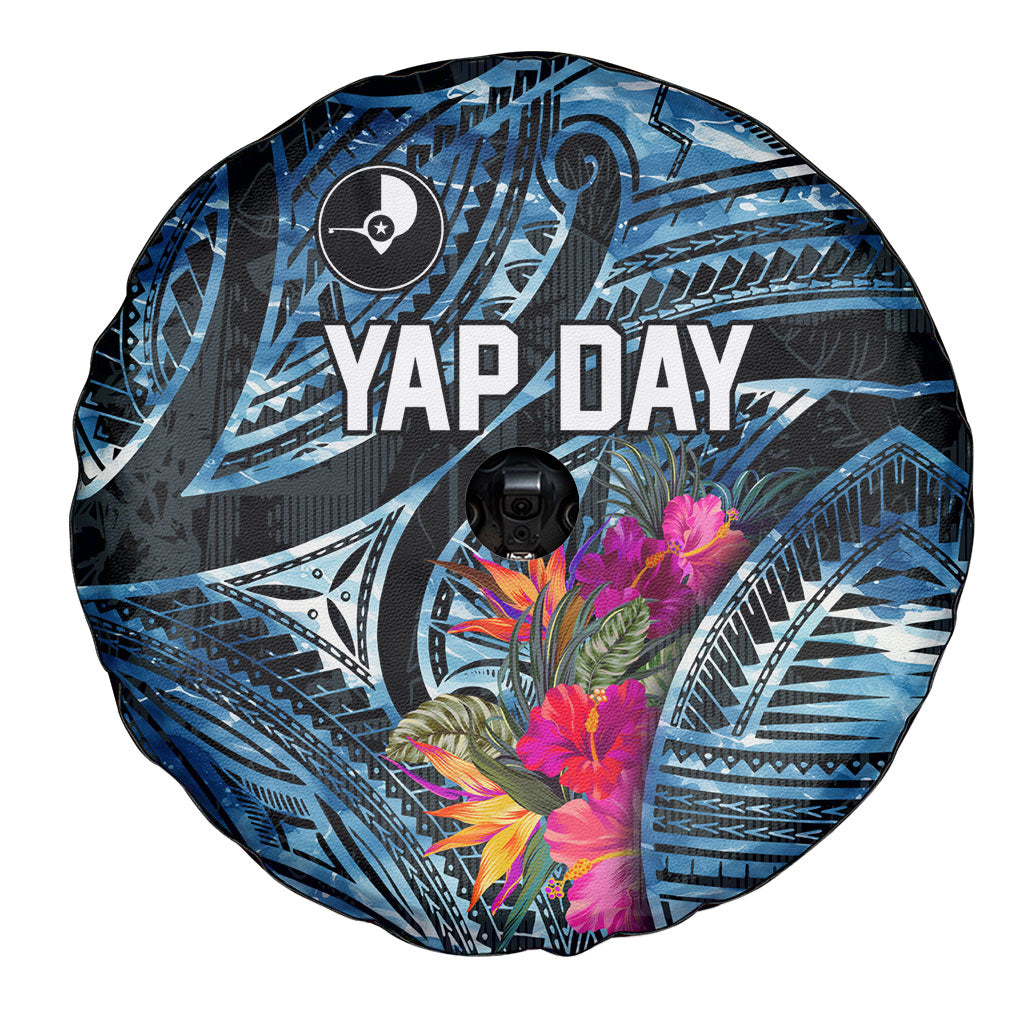 Yap Day Island Floral Tribal Heritage Spare Tire Cover Micronesian Hibiscus Pattern Polynesian Tattoo Blue Art