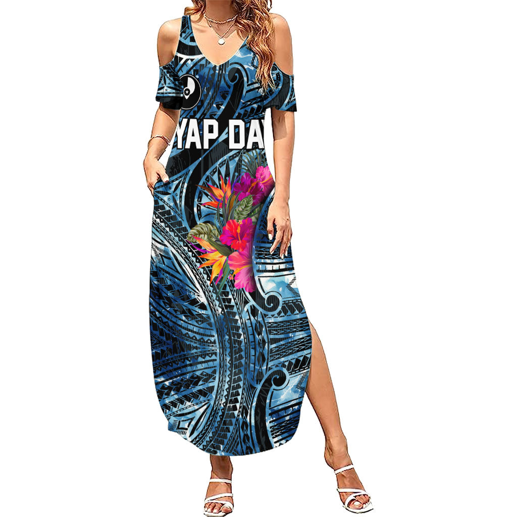 Yap Day Island Floral Tribal Heritage Summer Maxi Dress Micronesian Hibiscus Pattern Polynesian Tattoo Blue Art