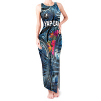 Yap Day Island Floral Tribal Heritage Tank Maxi Dress Micronesian Hibiscus Pattern Polynesian Tattoo Blue Art