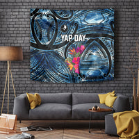 Yap Day Island Floral Tribal Heritage Tapestry Micronesian Hibiscus Pattern Polynesian Tattoo Blue Art