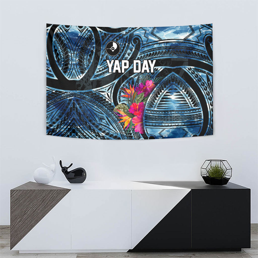 Yap Day Island Floral Tribal Heritage Tapestry Micronesian Hibiscus Pattern Polynesian Tattoo Blue Art